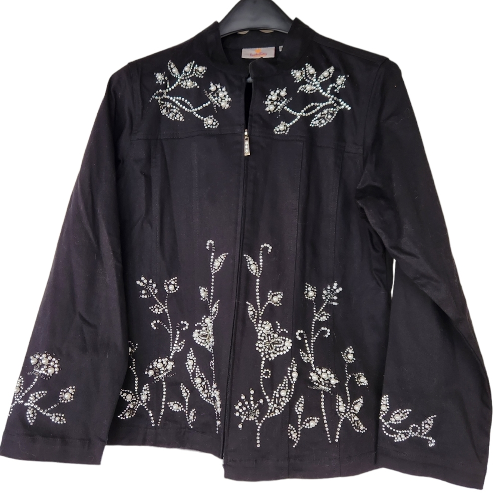 Women's Quacker Factory lightweight black denim embellished jacket. Size medium